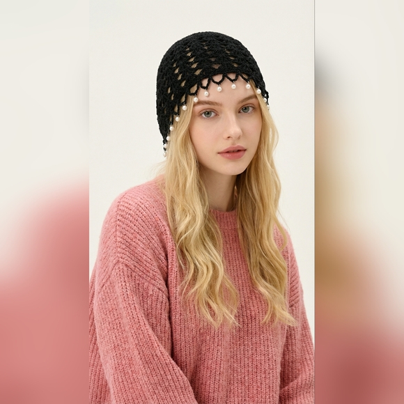 Black Crochet Beanie with Pearl Accents - Picture 9 of 10
